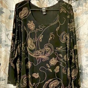 Studio 1940 Size 4X Black with Tan Print Slinky 3/4 Sleeve Tunic Top.